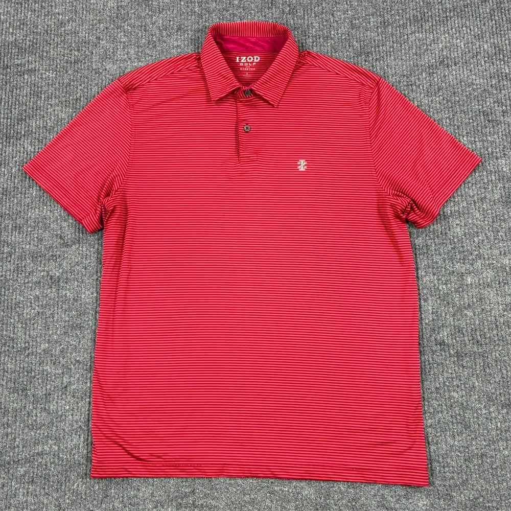 Izod Golf with Stretch Mens Polo Shirt Size Large Red Striped Short Sleeve